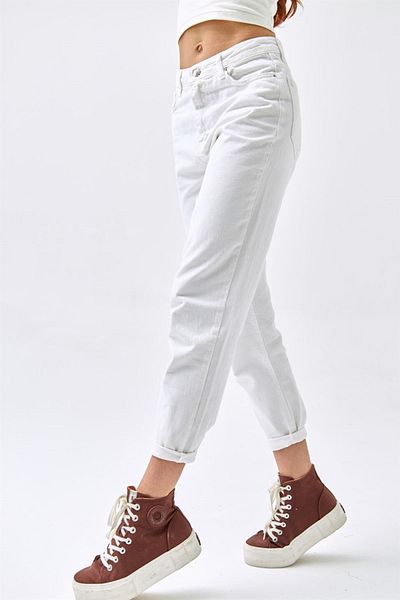 MAKRAS EXCLUSIVE Blugi de damă Mom Fit cu talie înaltă - Denim alb Koton