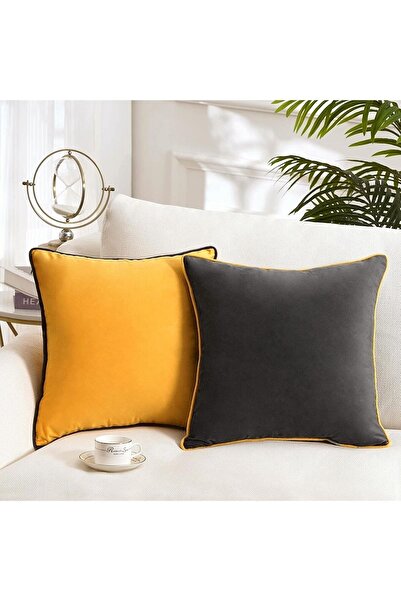Bc Home غطاء وسادة رمي مكون من قطعتين بحواف، أصفر، أنثراسيت، مظهر مخملي، قطعت...