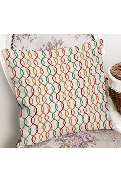 Realhomes Ecru - Beige Geometric Motif Rug Patterned Digital Printed Pillow Cushion Cover on the Floor