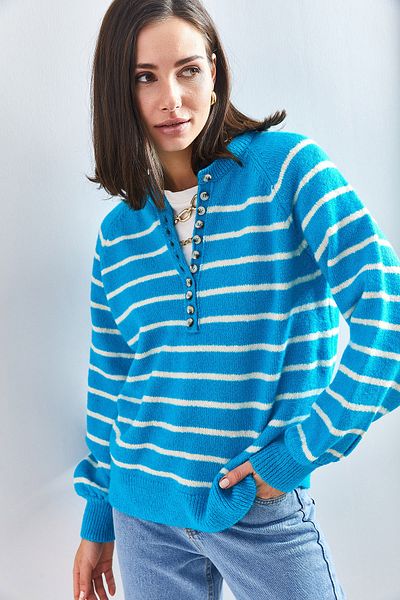 Bianco Lucci Women's Buttoned Collar Turtleneck Striped Knitwear Sweater
