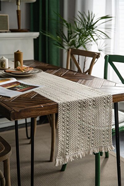 vivamaison Runner Masa Örtüsü Ham Pamuk Örme Dantel Püsküllü Krem 37x150 Cm