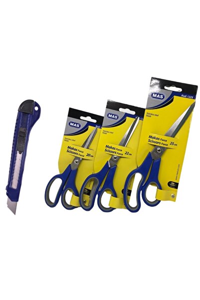 Mas طقم مقص مكتب فورس 3 قطع (25 سم - 22 سم - 20 سم) + هدية سكينة متعددة الاستخدامات