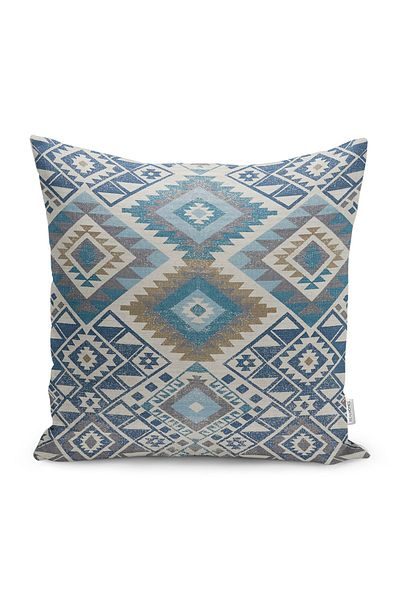Realhomes Husă de pernă cu imprimare digitală, cu motiv geometric etnic, model aztec pe fundal albastru denim