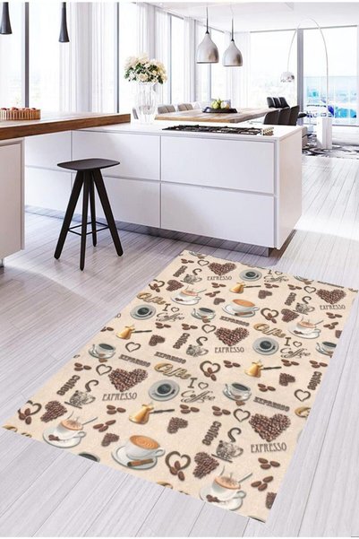 blcmoda Kahve Fincan Desenli Baskılı Yıkanabilir Kaymaz Taban Mutfak Halısı