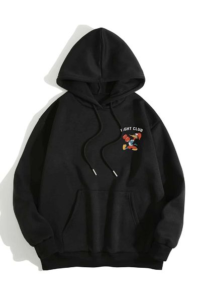 Deocept Hanorac oversize, unisex, negru, cu glugă, imprimat Woody
