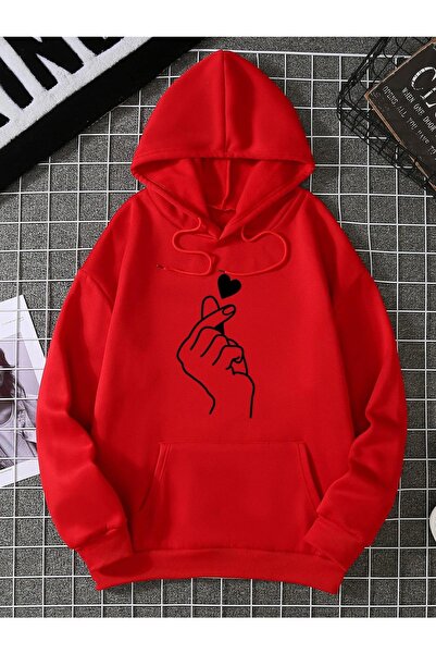 Yasolin Ženska majica Heart Štampano Sa kapuljačom crvena