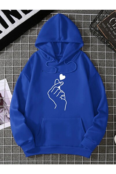 Yasolin Ženska majica Heart Štampano Sa kapuljačom PLAVA BOJA