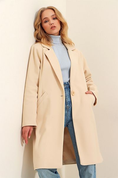 Trend Alaçatı Stili Damen Wintermantel mit zwei Taschen und Futter in Beige mit Stempelmuster ALC-X9447