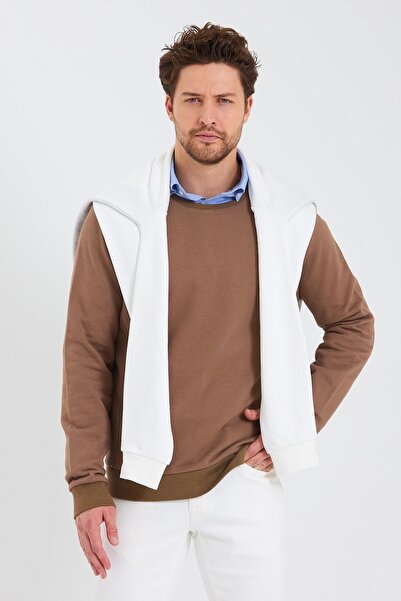 ENQUE Мъжки суитшърт с дълъг ръкав и кръгло деколте - кафяв