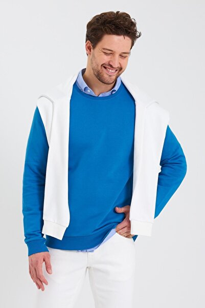 ENQUE Мъжки зимен син суитшърт с дълъг ръкав и кръгло деколте