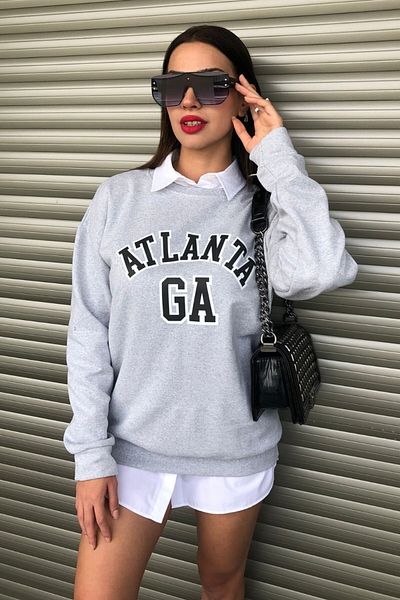 MODAGEN Szürke női Atlanta nyomtatott, nagy nyakú, nagyméretű pulóver