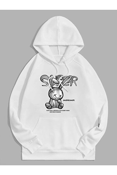 Yasolin Hanorac unisex cu glugă și imprimeu super, alb