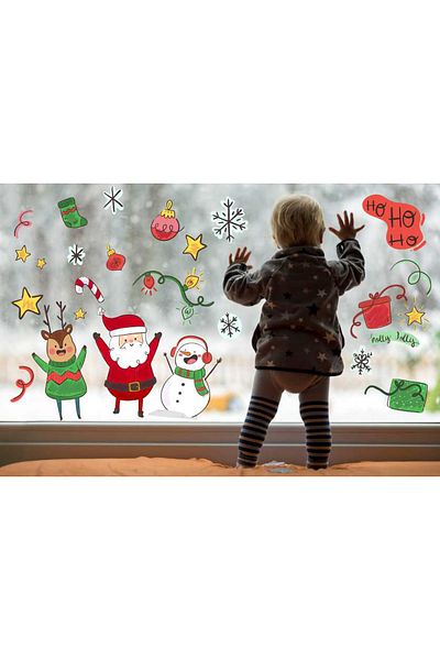Walldeco Αυτοκόλλητο τοίχου με γυάλινο χριστουγεννιάτικο χιονάνθρωπο ελάφι Άγιος Βασίλης