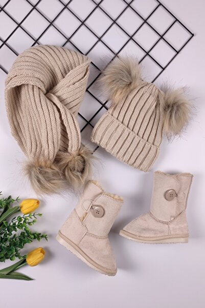 ADA BEBEK ÇOCUK Children's Boots Furry Suede Boots - Pompom Scarf Beret Set B...