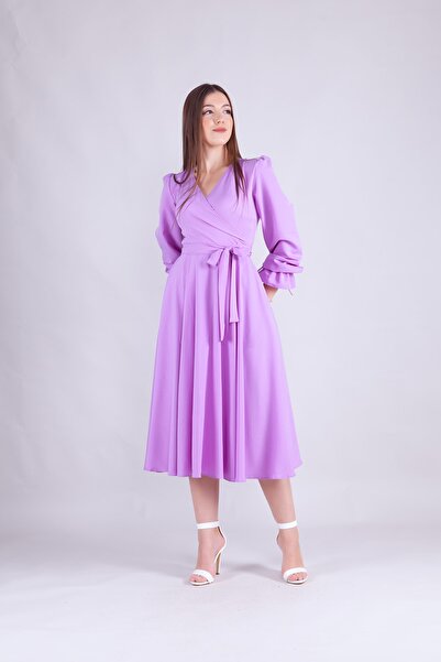 Bidoluelbise Kadın Midi Boy Kruvaze Yaka Uzun Kol Elbise