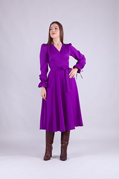 Bidoluelbise Rochie de damă cu mânecă lungă, cu guler dublu, lungime midi
