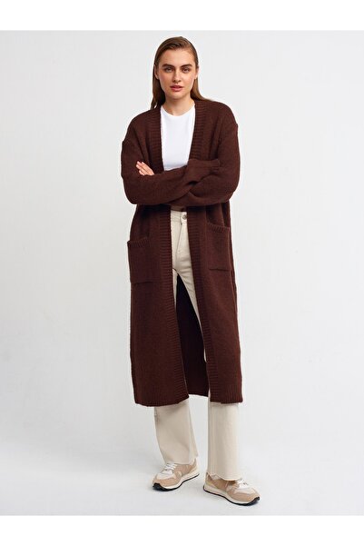 Dilvin 60158 Cardigan lung tricotat cu buzunar-cafea