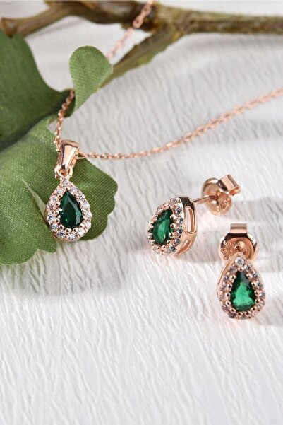 Gümüş Çadırım Gümüş Su Damlası Yeşil Taşlı Kolye Küpe Seti