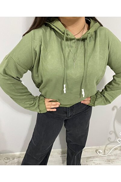 Aleda Haki Yeşil Kapşonlu Kısa Sweatshirt