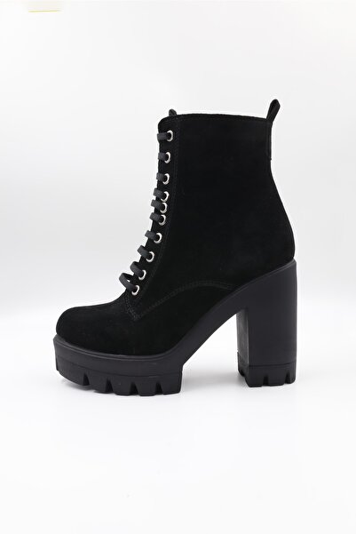 Impero Hakiki Siyah Süet Deri Yüksek Kalın Topuklu Bot