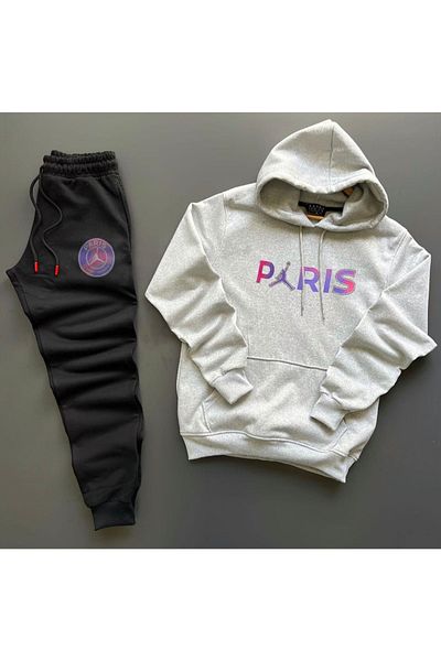 NewCabin New Season Unisex Paris Printed Grey Cotton Hoodie - Cotton Black Sweatpants Set 2