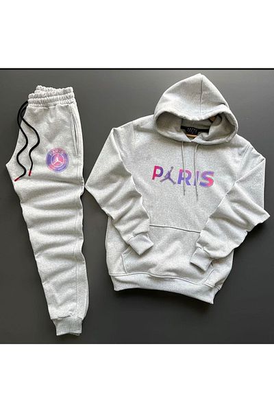 NewCabin New Season Unisex Paris Printed Grey Cotton Hoodie - Grey Cotton Sweatpants Set 2