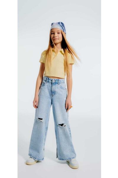 Genel Markalar Kız Çocuk Denim Bol Paça Kot Pantolon Yırtıklı (ayarlanabilir Bel) Extreme Wide Leg Jeans