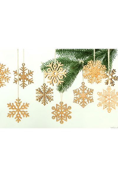 Elfora Christmas Pine Tree Ornament Mixed Wood Snowflake 6 Pieces