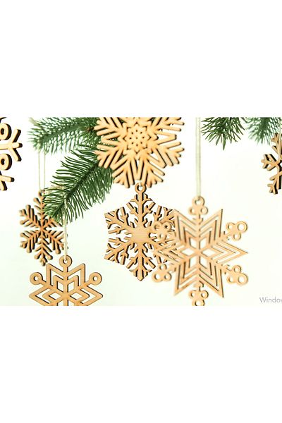 Elfora Christmas Pine Tree Ornament Mixed Wood Snowflake 6 Pieces