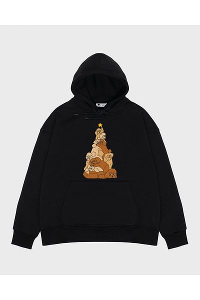 GreenMint Unisex Black Hooded Sweatshirt Christmas Tree Pudel