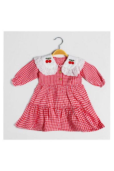 Şirin Şeyler Butiği Long Sleeve Girl's Checked Scallop Embroidered Cotton Red Dress