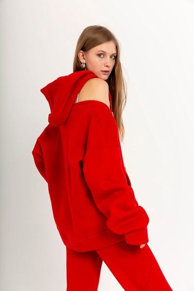 Kapüşonlu  Fermuar Detaylı Kadın Sweatshirt Kırmızı
