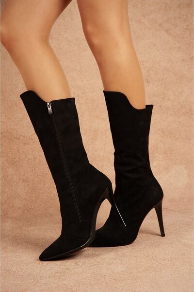 Tarz Topuklar Cizme cu toc subțire din piele intoarsa neagra