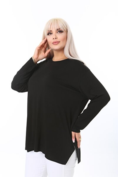 ÇİFTXL Büyük Beden Örme Viskon Rahat Kalıp Uzun Kollu Basıc T-shirt