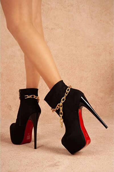 Tarz Topuklar Pedro Chain Zincirli Siyah Süet Yüksek Topuklu Bot