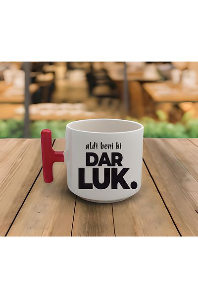 GünayStore Latte & Espresso Took Me A Darluk Printed Red T Handle Mug 200 Ml