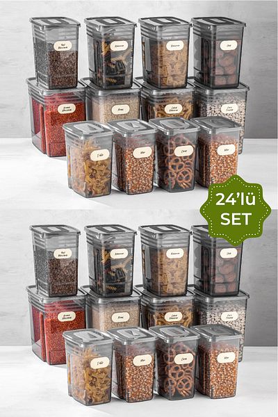 Vienev Set of 24 with Label Strip Mega Size Food Storage Container 8x(1.25 Liter, 2 Liter, 3.5 Liter) Anthracite
