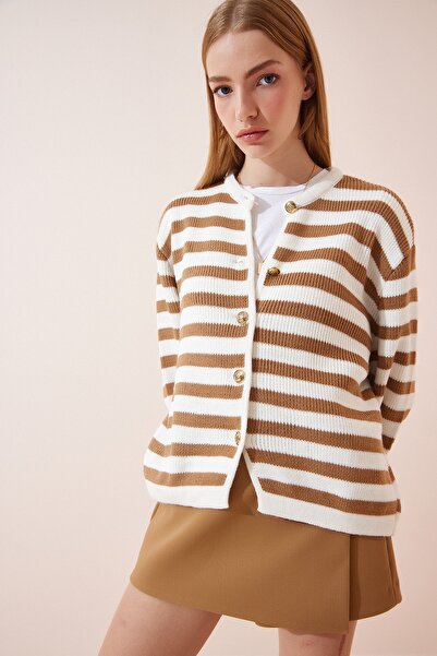 Happiness İstanbul Női ekrü keksz párnázott csíkos kötöttáru kardigán US00859