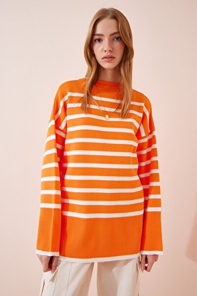 Happiness İstanbul Pulover de damă, portocaliu, alb, în dungi, tricotaj supradimensionat YY00085