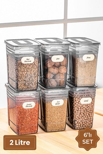 Vienev Labeled Set of 6 Strip Mega Size Food Storage Container 2 Liters Anthracite