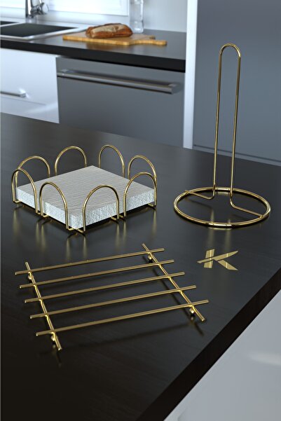 KARTEYA Service Presentation Set 3-Piece Gold Kitchen Towel Holder Napkin Holder Trivet 1st Class Stainless