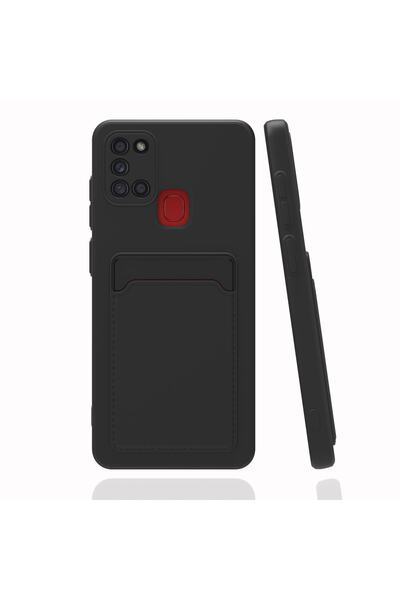 Fibaks Samsung Galaxy A21S Kılıf Kamera Korumalı Arkası Kartlıklı Cüzdanlı Kırmızı Tuşlu Siyah Silikon