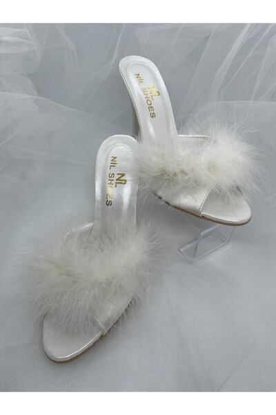 NİL Високі сатинові весільні туфлі на підборах - з хутром