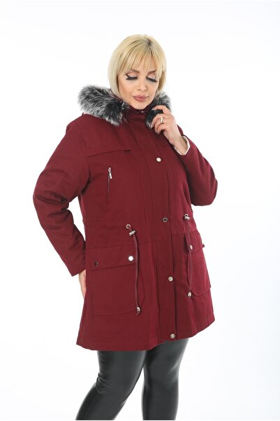 By Alba Collection Women's Short Gabardine Curly Inside Plus Size Coat Claret Red