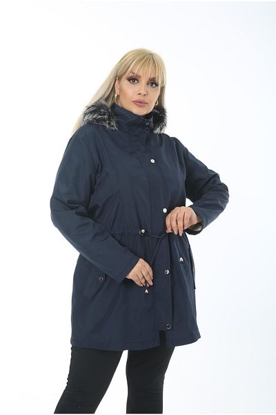 By Alba Collection Women's Navy Blue Water Repellent Bondit Fabric Fur Hooded Large Size Coat