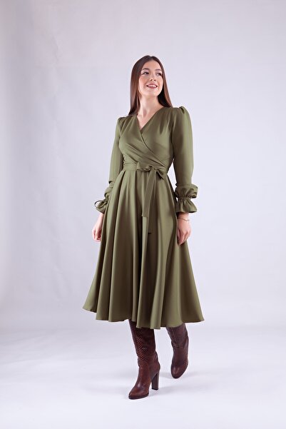 Bidoluelbise Women's Midi Length Double Breasted Collar Long Sleeve Dress