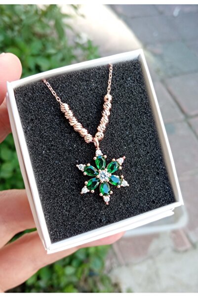 Bilsen Store Kadın 925 Ayar Gümüş Zincirli Rose Kaplama Dorika Toplu Zümrüt T...
