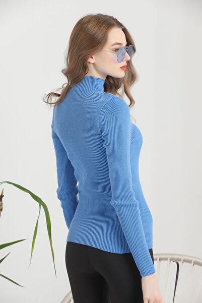 VEGENZE Pulover de damă, albastru indigo, cu gât cu șnur, tricotat cu model