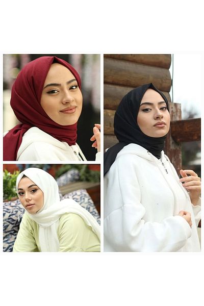 Narine Hijab Γυναικείο Βαμβακερό Kraş Cazz Shawl Μοντέλο Σετ 3 τεμαχίων _μαύρο -μπορντό-λευκό