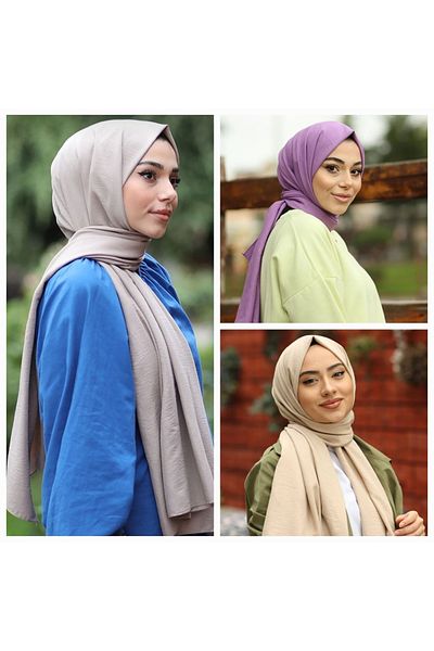 Narine Hijab Γυναικείο βαμβακερό Kraş Cazz Shawl Model Σετ 3 _σκούρο γκρι-λιλά-θηλυκό